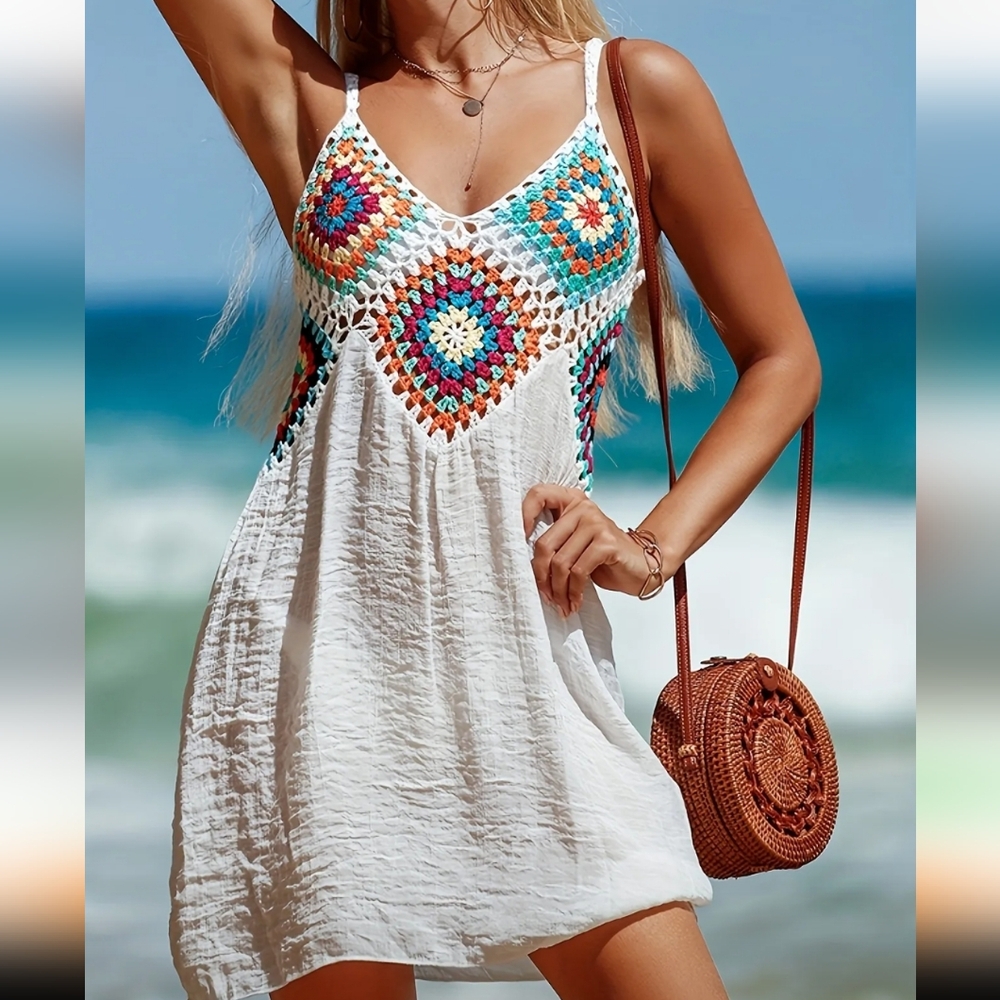 New Bohemian Crochet Beach Dress - White